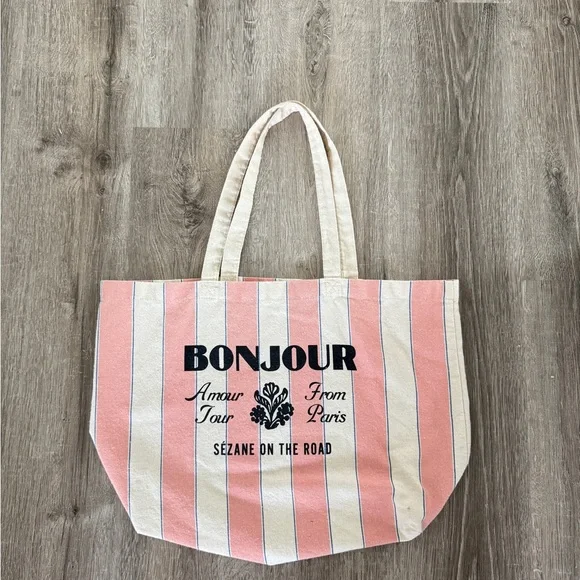 Sézane Bonjour Pink and Cream Striped Tote Bag - Picture 1 of 3